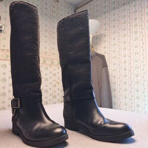 LUCKY BRAND BLACK LEATHER KNEE HIGH RIDING BOOTS WOMENS SIZE 8M GRAY WOOL-LIKE